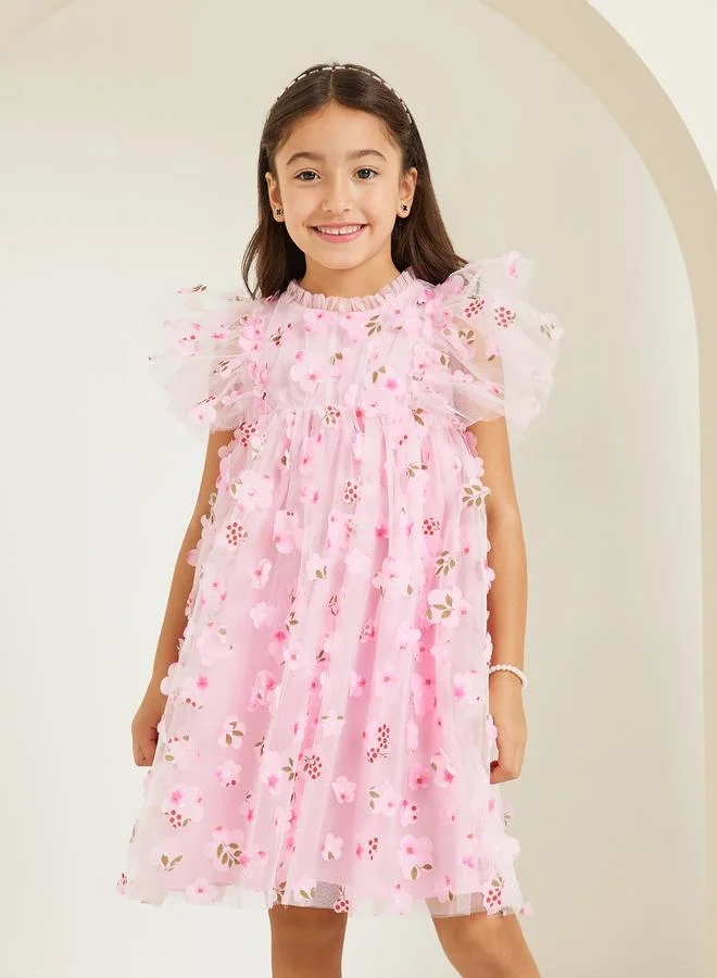 Styli Girls Pink Mesh Flower Embroidered Dress